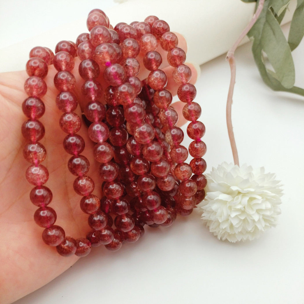 Bracelet extensible en Quartz fraise Starlight naturel | Bracelet de perles en pierre naturelle - perles 8mm