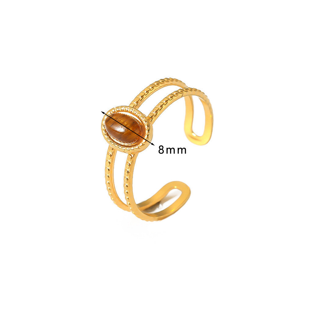 Bague ajustable double bande avec pierre ovale | Bague en acier inoxydable plaqué or 18k