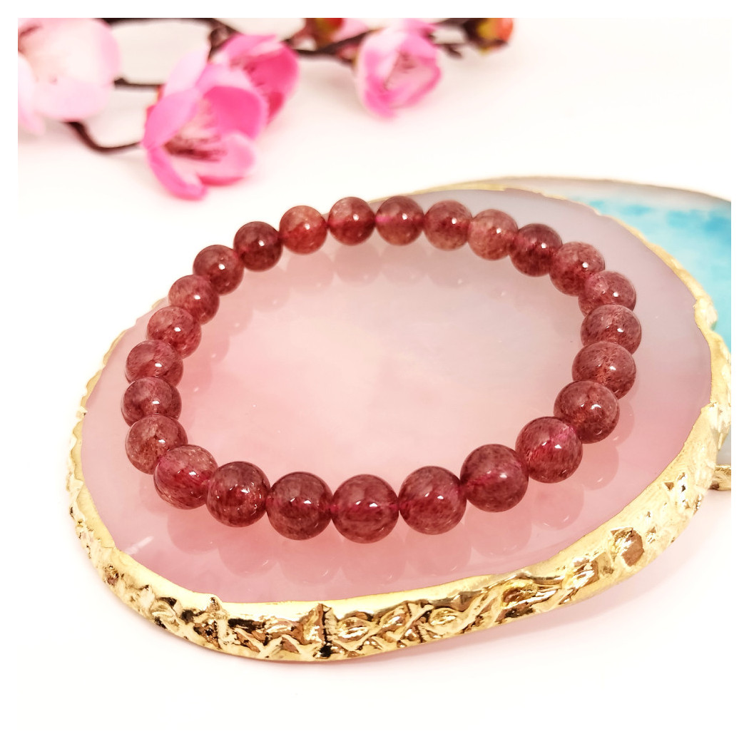 Bracelet extensible en Quartz fraise Starlight naturel | Bracelet de perles en pierre naturelle - perles 8mm