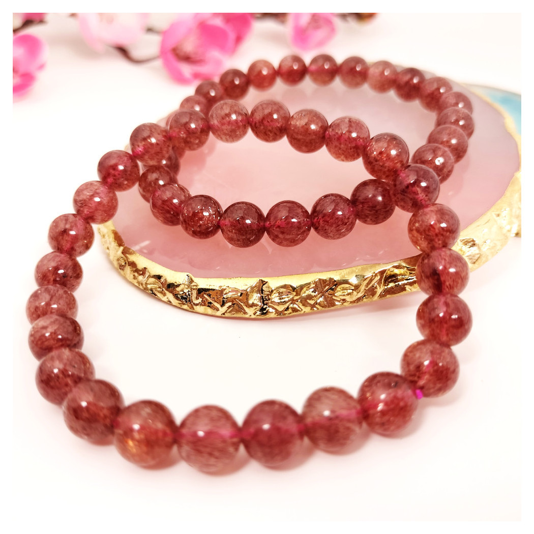 Bracelet extensible en Quartz fraise Starlight naturel | Bracelet de perles en pierre naturelle - perles 8mm