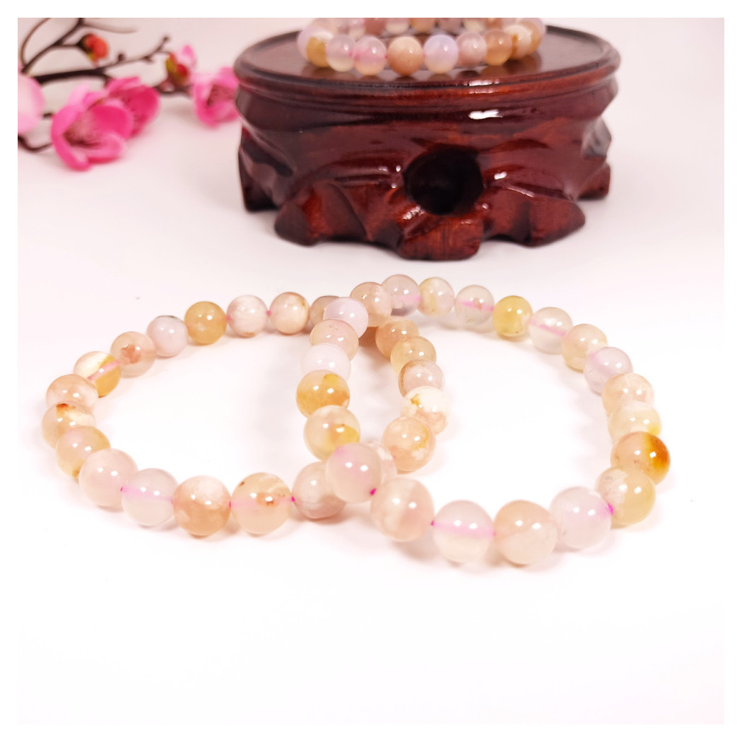 Bracelet extensible en AGATE FLEUR DE CERISIER| Perles Naturelles 8mm