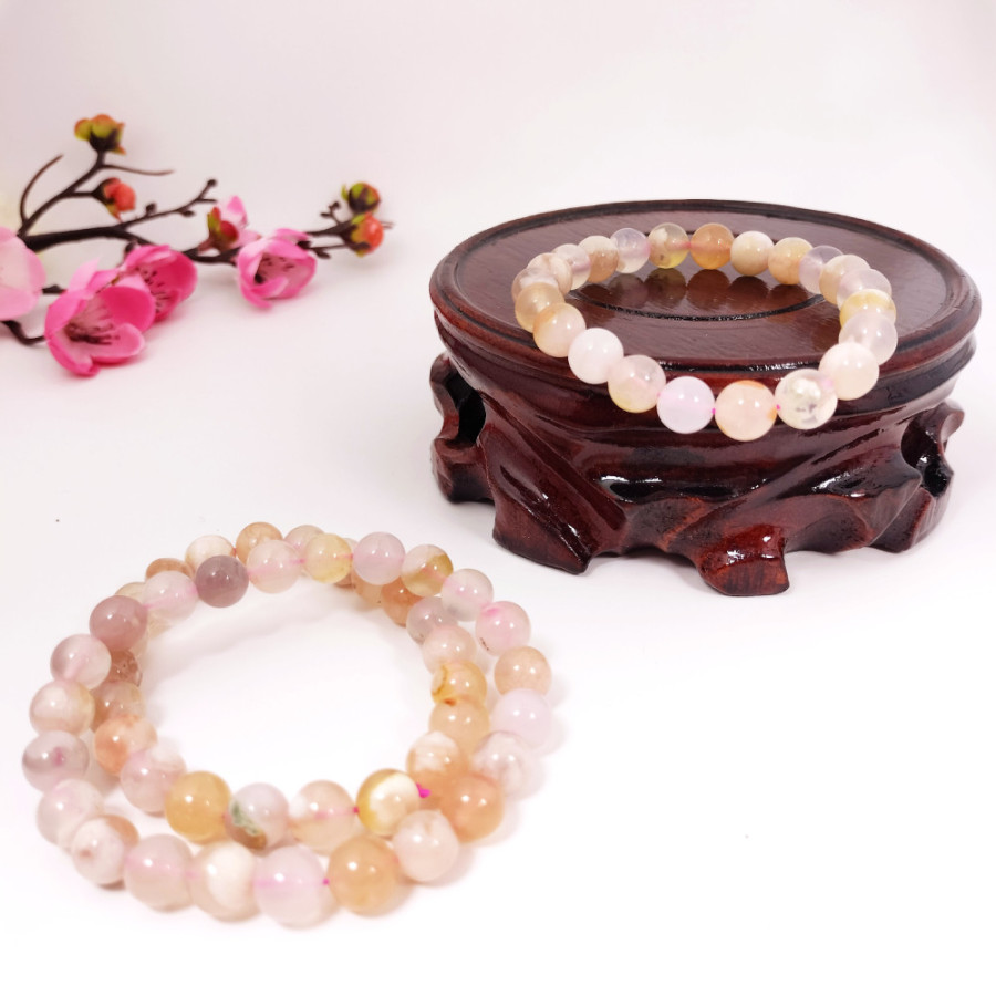 Bracelet extensible en AGATE FLEUR DE CERISIER| Perles Naturelles 8mm