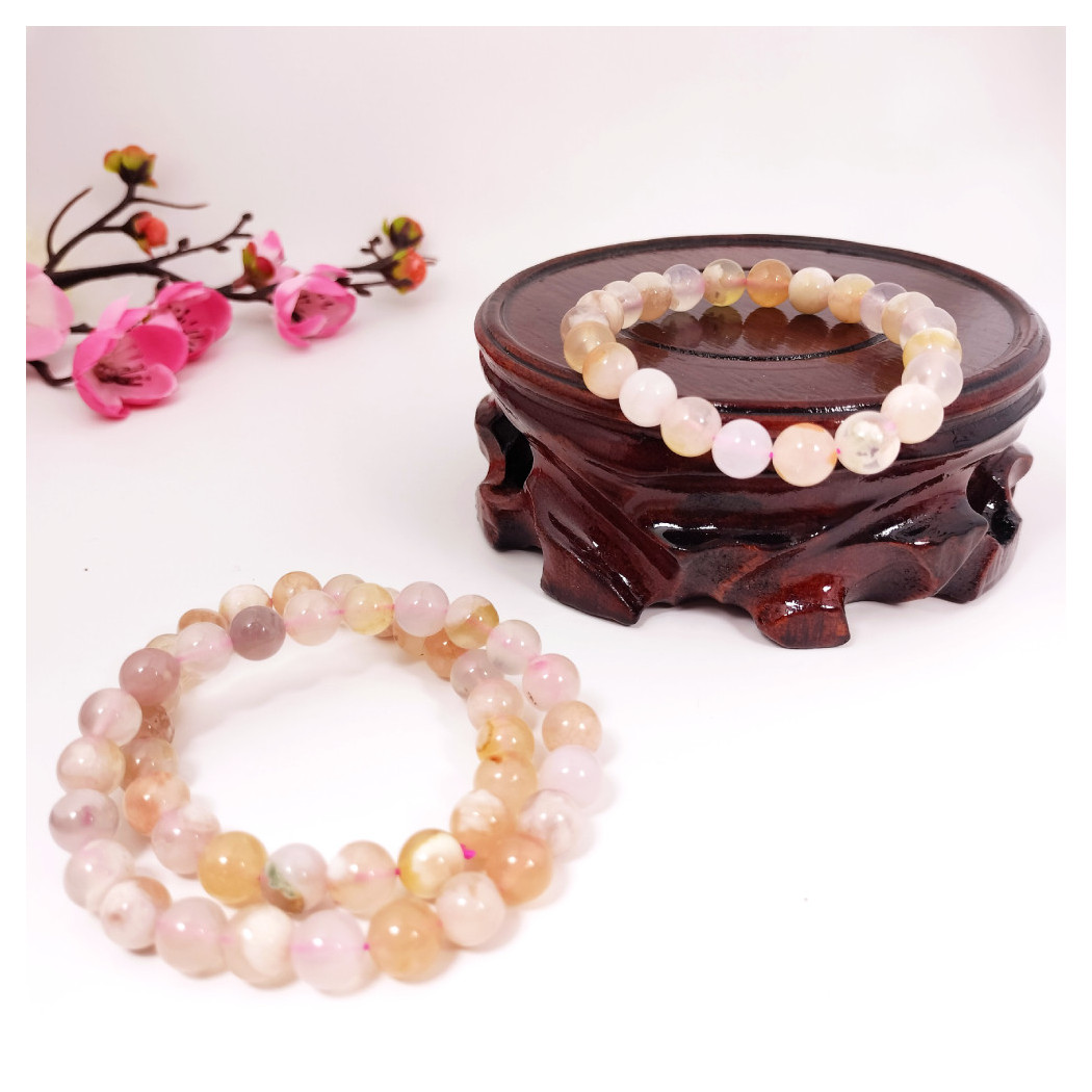 Bracelet extensible en AGATE FLEUR DE CERISIER| Perles Naturelles 8mm