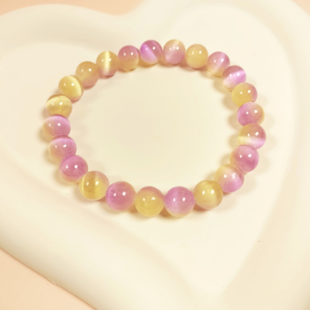 Bracelet extensible en CRISTAL SÉLÉNITE rose jaune | Bracelet de perles en pierre naturelle - perles 8mm