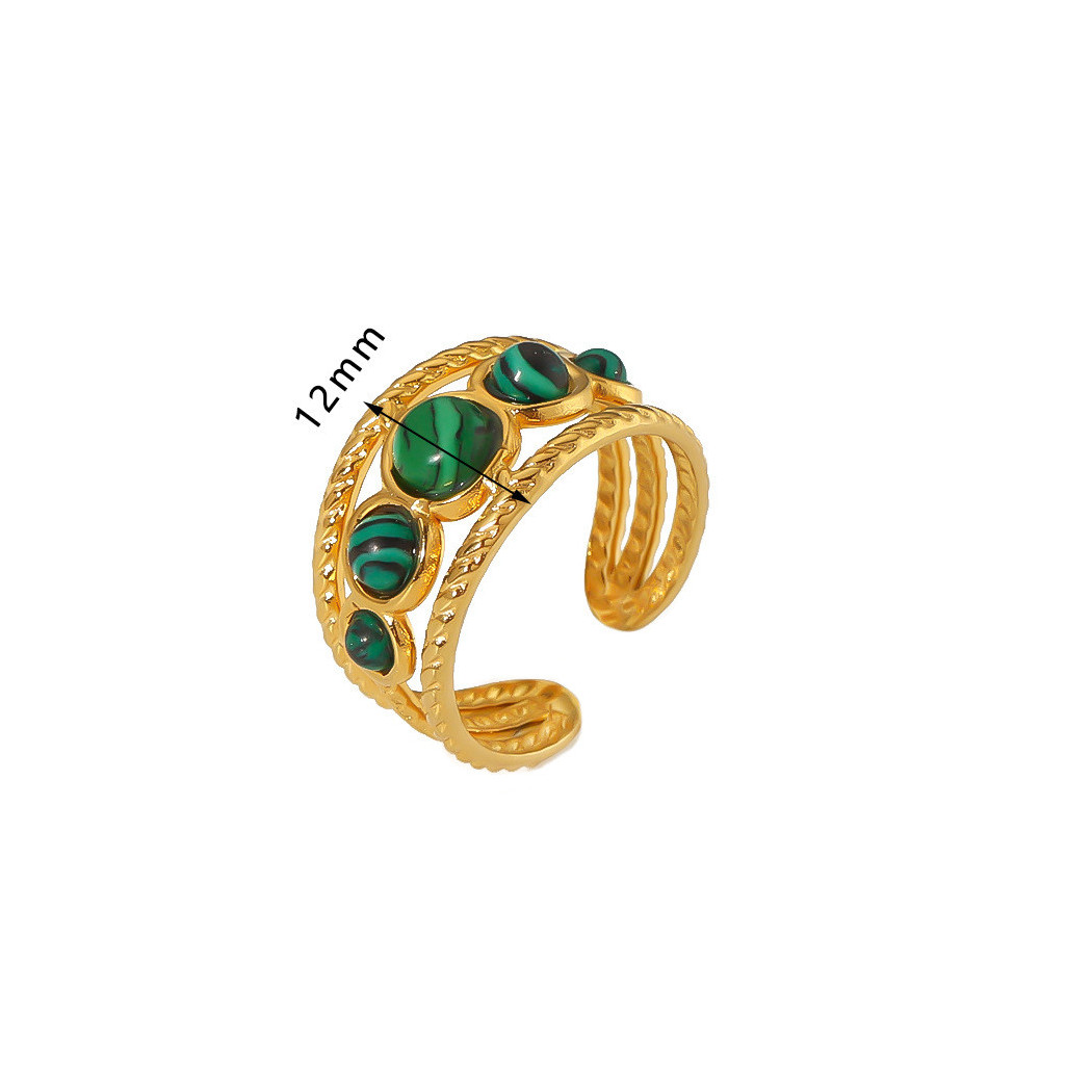 Bague ajustable avec pierre Malachite | Bague en acier inoxydable plaqué or 18k