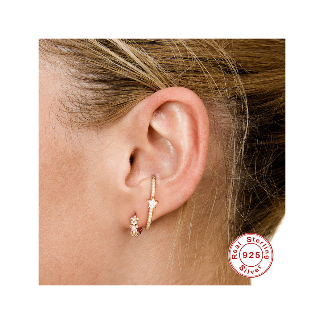 Boucles d'oreilles doré motif fleur étoilée avec zircons | Boucles d'Oreilles en argent sterling S925 plaqué or 18k