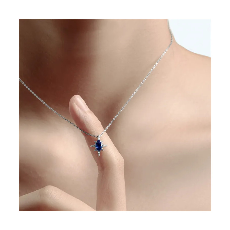 Collier en argent sterling S925 avec pendentif ovale zircon bleu