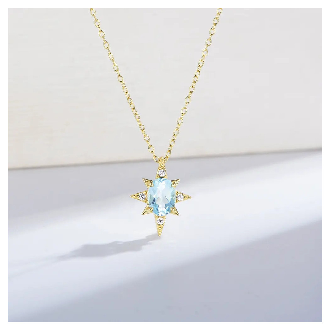 Collier Argent avec pendentif  Étoile Mystique en zircon bleu ciel en ovale | Collier en argent sterling S925 plaqué or