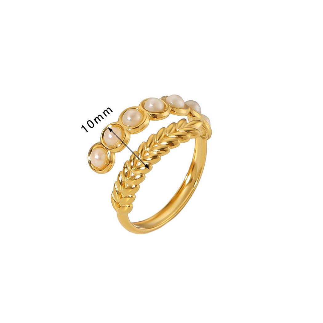 Bague ajustable avec Perles et Design Feuilles | Bague en acier inoxydable plaqué or 18k