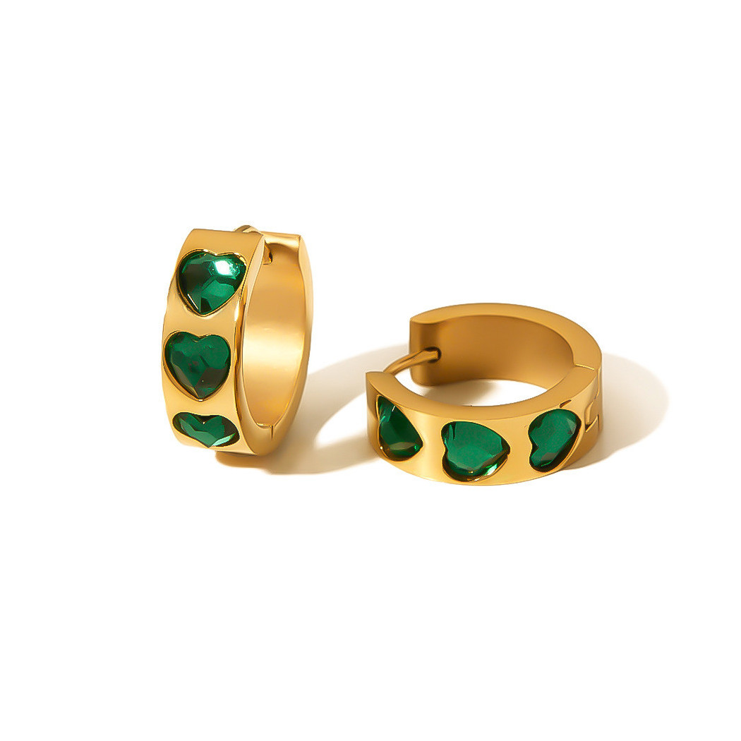 Boucles d'oreilles Zircon Vert en Forme de Cœur en Acier Titane Inoxydable Plaqué Or 18K