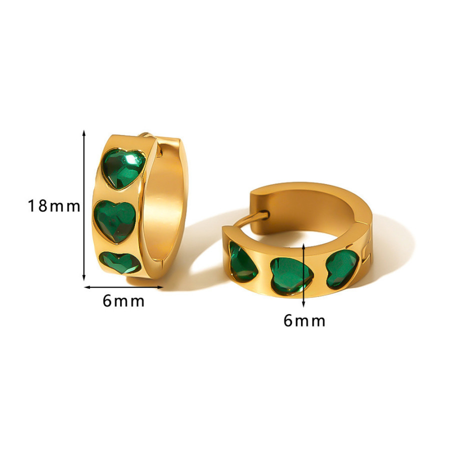 Boucles d'oreilles Zircon Vert en Forme de Cœur en Acier Titane Inoxydable Plaqué Or 18K