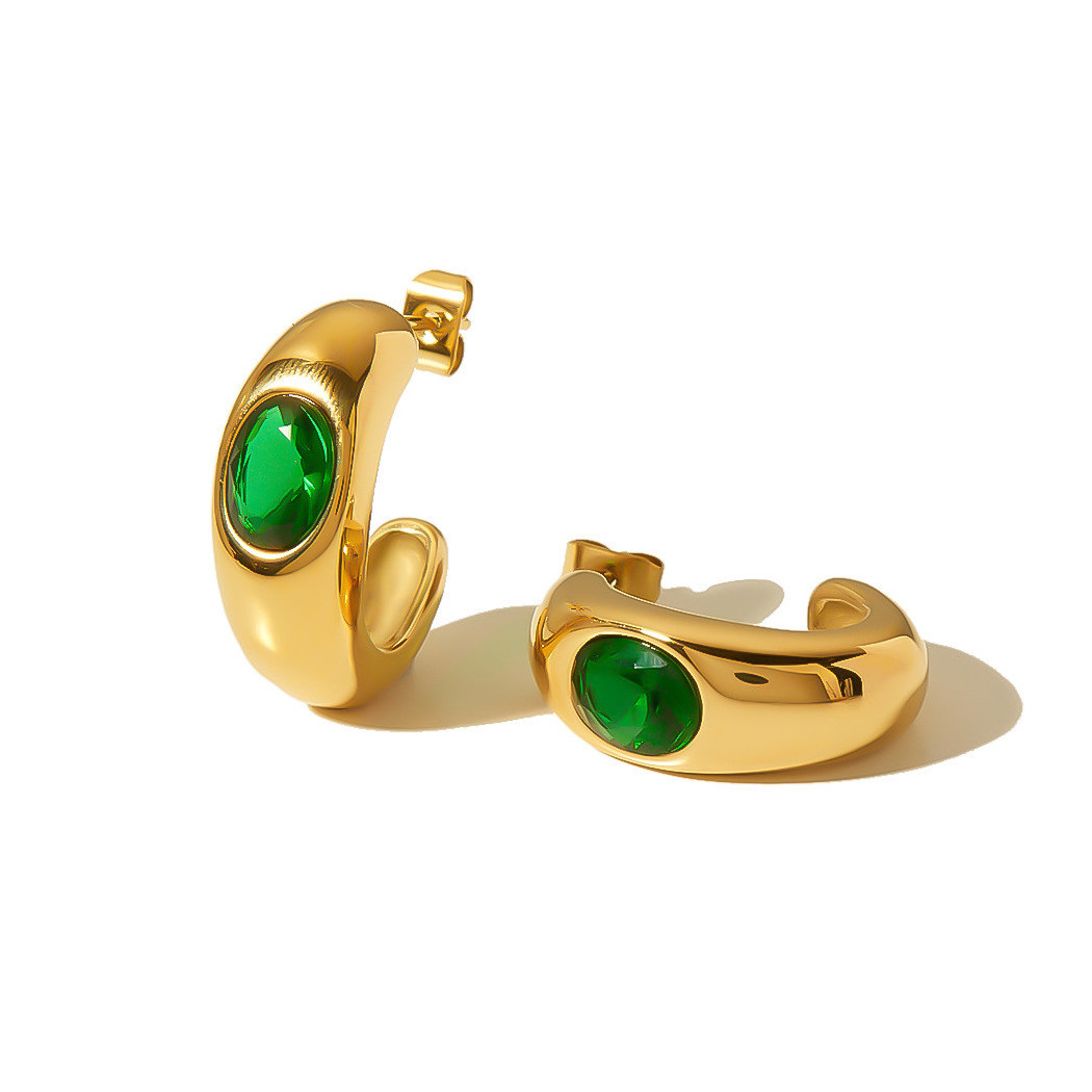 Boucles d’oreilles en Forme de C en Cristal Vert - Acier Inoxydable Plaqué Or 18K