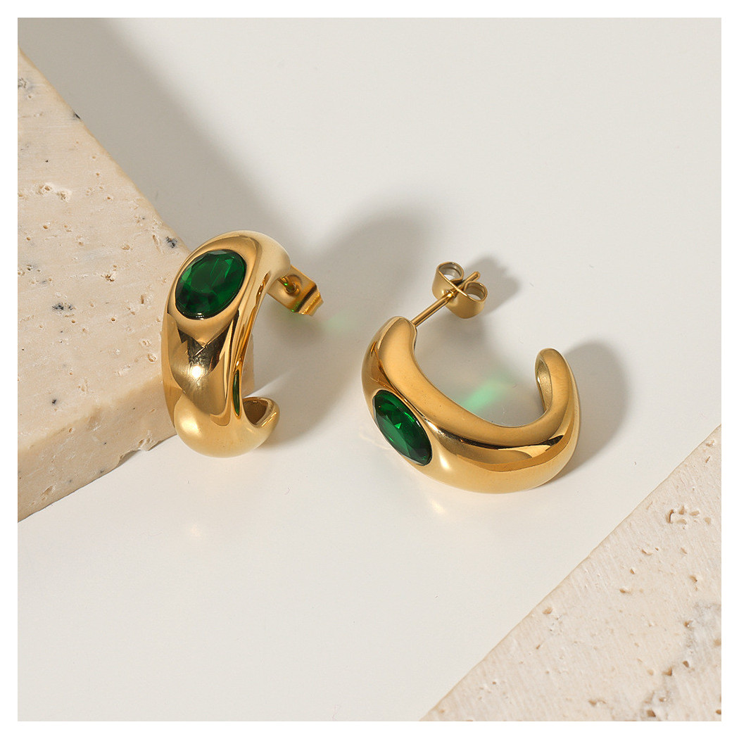 Boucles d’oreilles en Forme de C en Cristal Vert - Acier Inoxydable Plaqué Or 18K