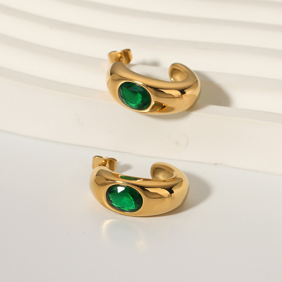 Boucles d’oreilles en Forme de C en Cristal Vert - Acier Inoxydable Plaqué Or 18K