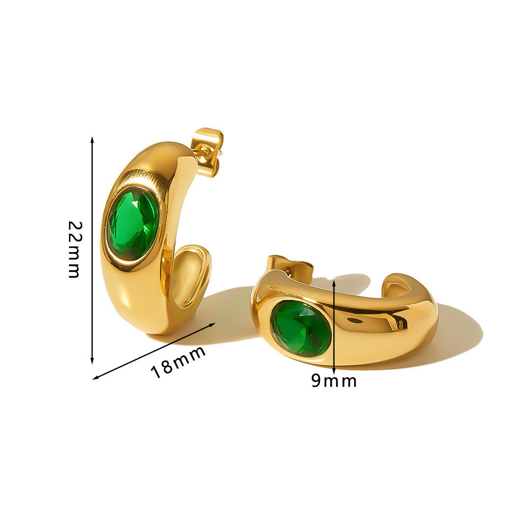 Boucles d’oreilles en Forme de C en Cristal Vert - Acier Inoxydable Plaqué Or 18K