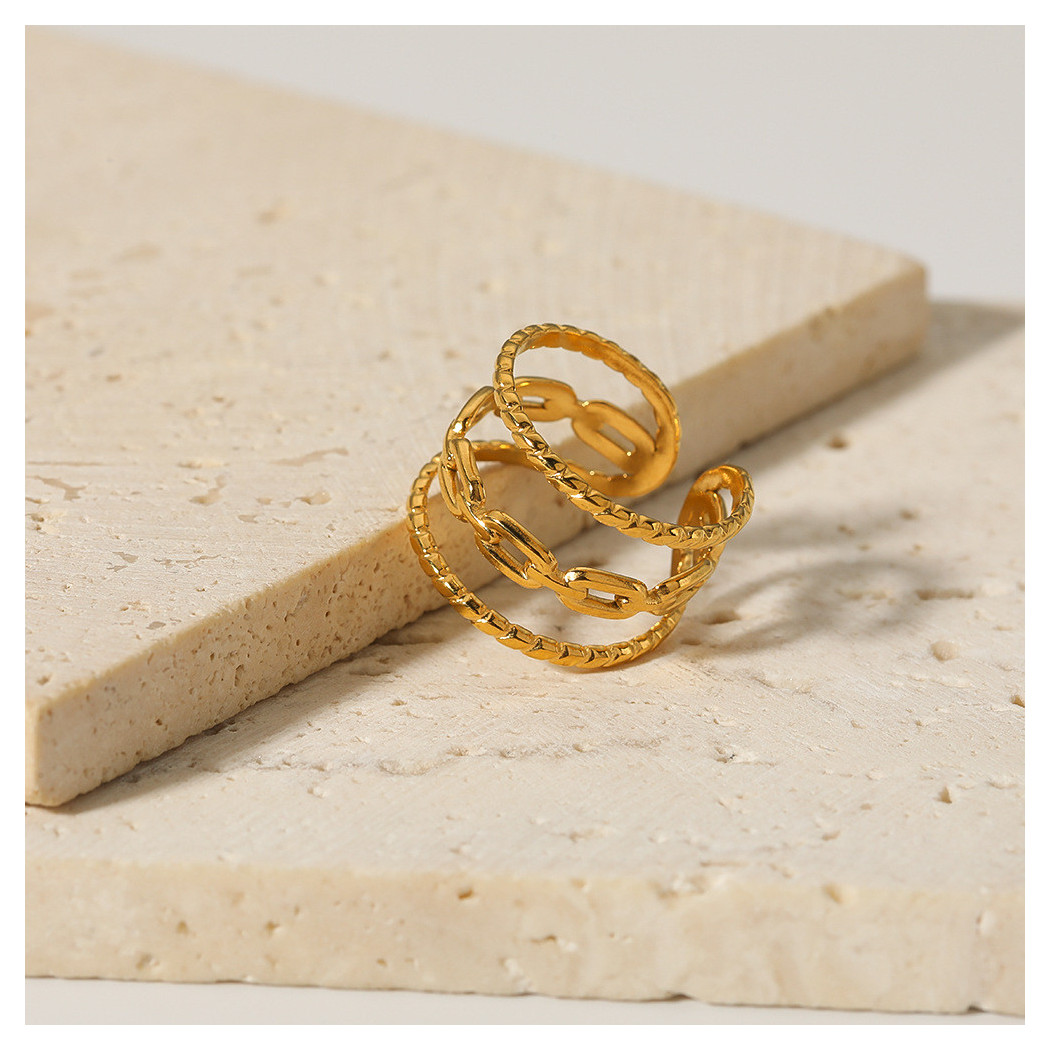 Bague à double bande avec motif chaîne | Bague en acier inoxydable plaqué or 18k