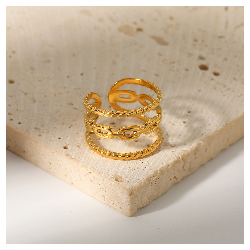 Bague à double bande avec motif chaîne | Bague en acier inoxydable plaqué or 18k