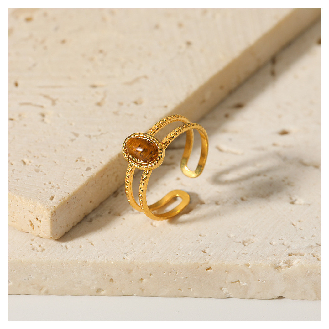 Bague ajustable double bande avec pierre ovale | Bague en acier inoxydable plaqué or 18k