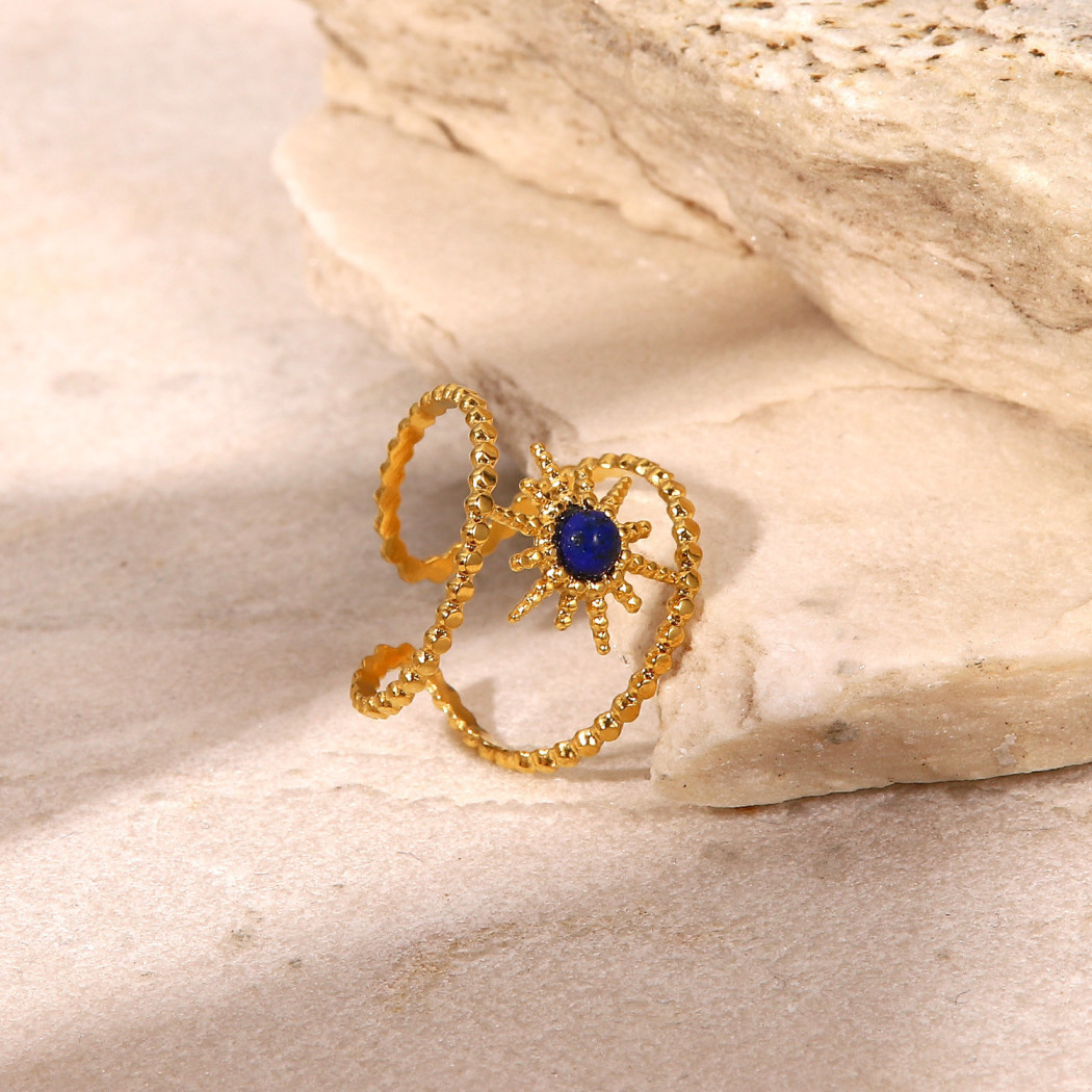 Bague ajustable Avec Pierre Bleu| Bague en acier inoxydable plaqué or 18k