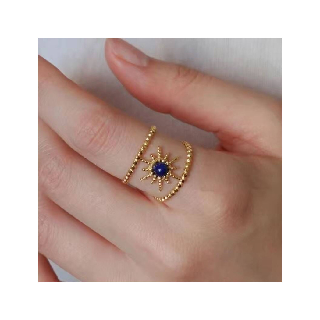 Bague ajustable Avec Pierre Bleu| Bague en acier inoxydable plaqué or 18k