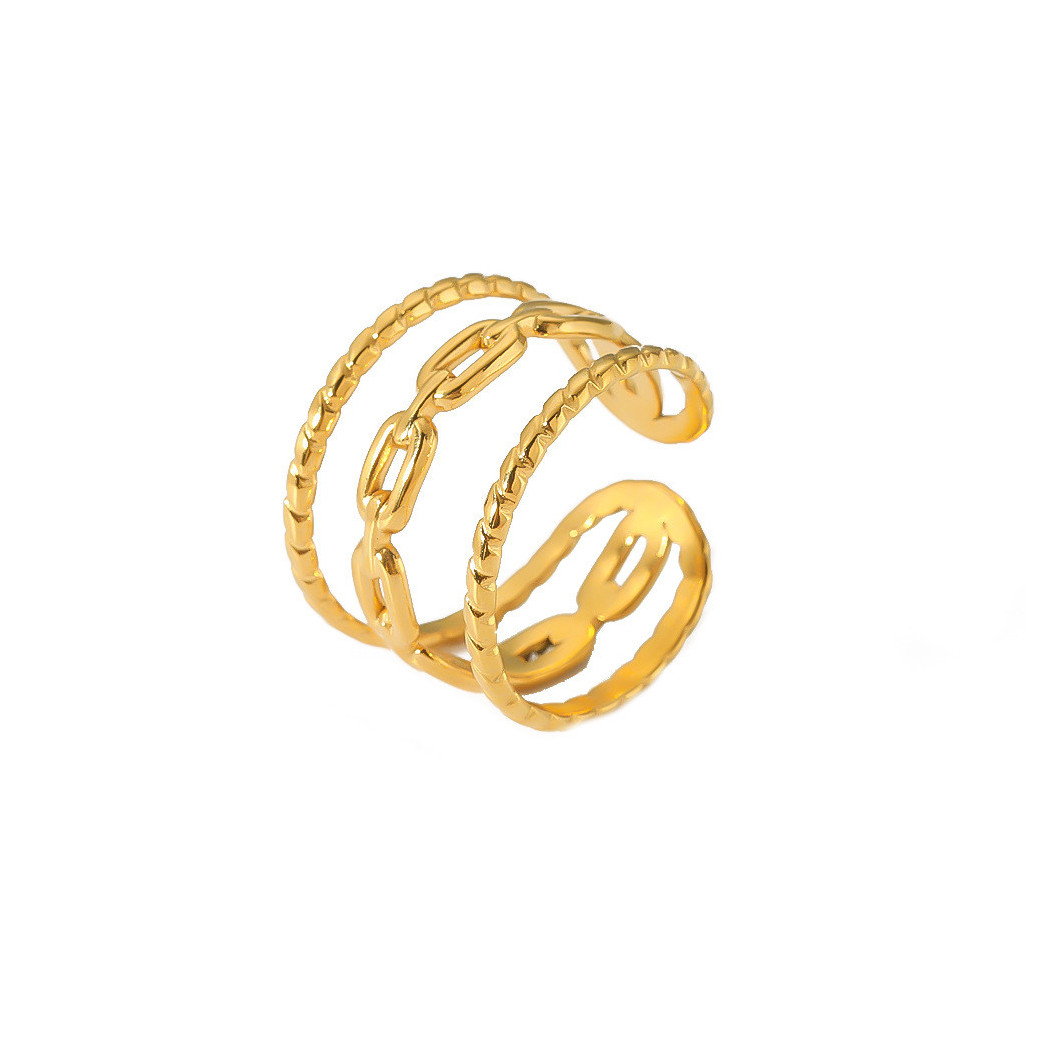 Bague à double bande avec motif chaîne | Bague en acier inoxydable plaqué or 18k