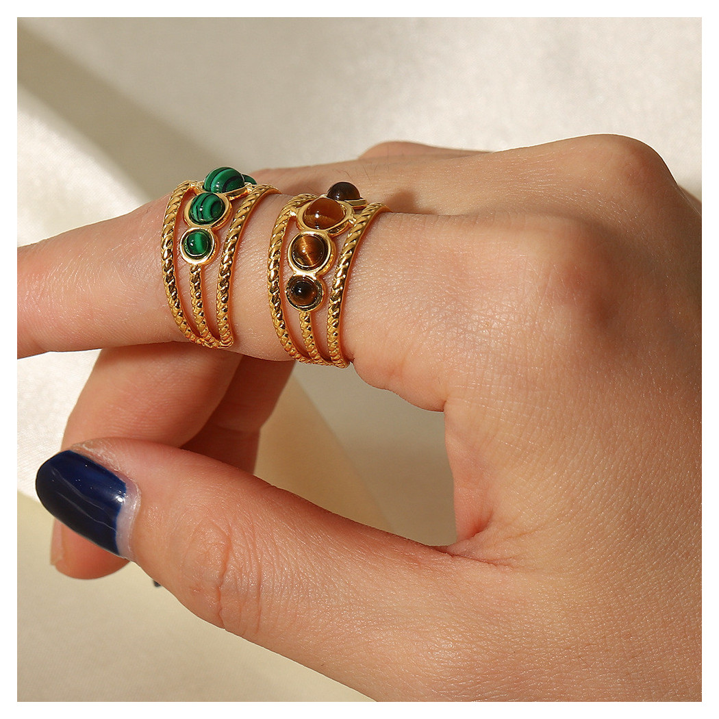 Bague ajustable avec pierre Malachite | Bague en acier inoxydable plaqué or 18k