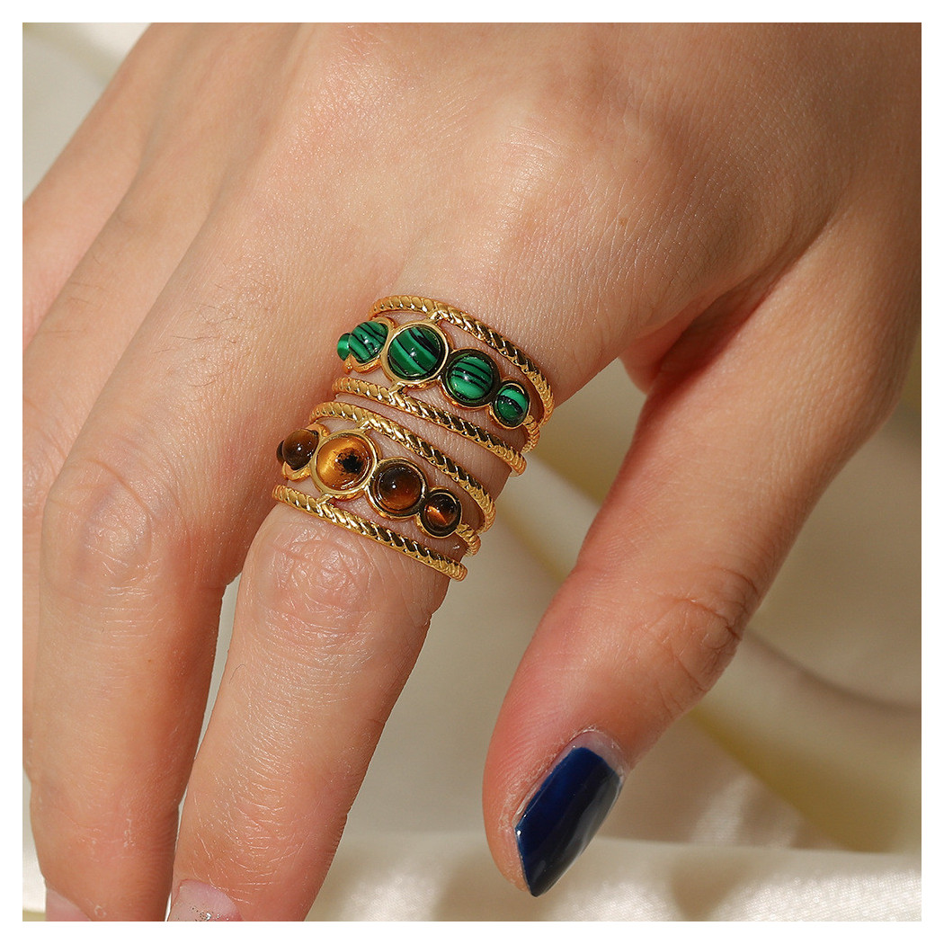 Bague ajustable avec pierre Malachite | Bague en acier inoxydable plaqué or 18k