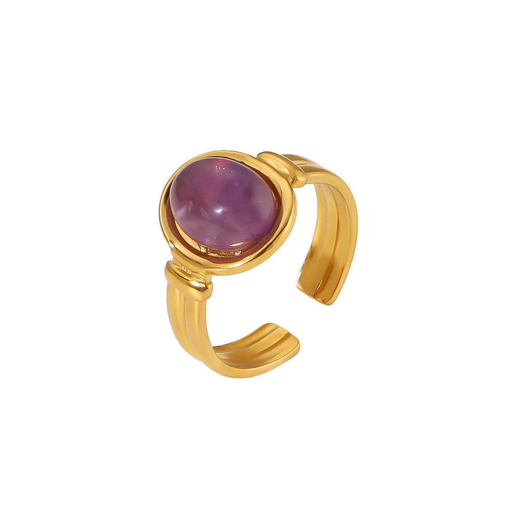 Bague ajustable avec Pierre Violet Centrale | Bague en acier inoxydable plaqué or 18k