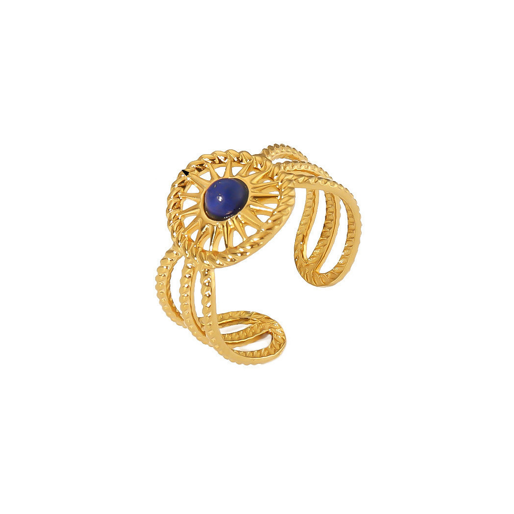 Bague ajustable "Rosace Impériale avec Pierre Bleue | Bague en acier inoxydable plaqué or 18k