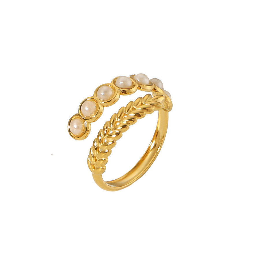 Bague ajustable avec Perles et Design Feuilles | Bague en acier inoxydable plaqué or 18k