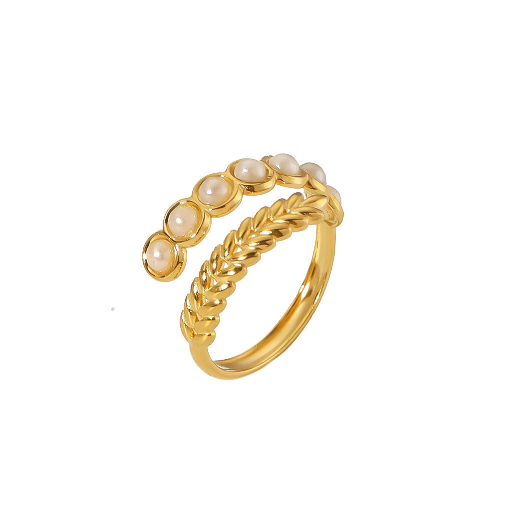 Bague ajustable avec Perles et Design Feuilles | Bague en acier inoxydable plaqué or 18k