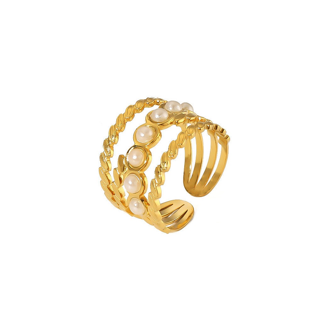 Bague ajustable Multi-Bandes avec Perles | Bague en acier inoxydable plaqué or 18k