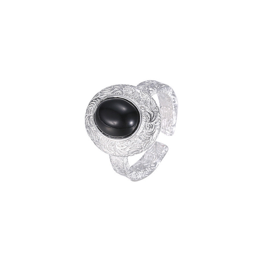 Bague incrustée d'Agate noire | Bague ajustable en argent sterling S925