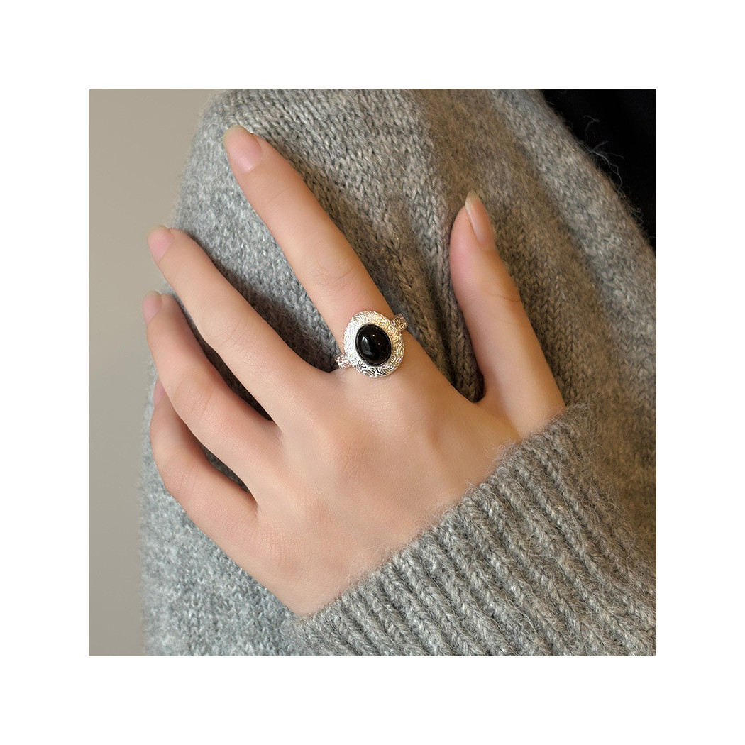 Bague incrustée d'Agate noire | Bague ajustable en argent sterling S925