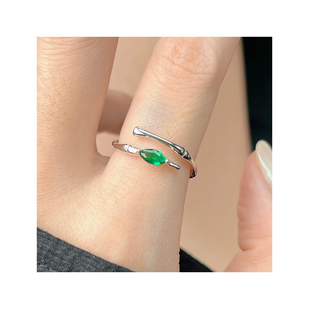 Bague Motif bambou et pierre vert émeraude | Bague ajustable en argent sterling S925