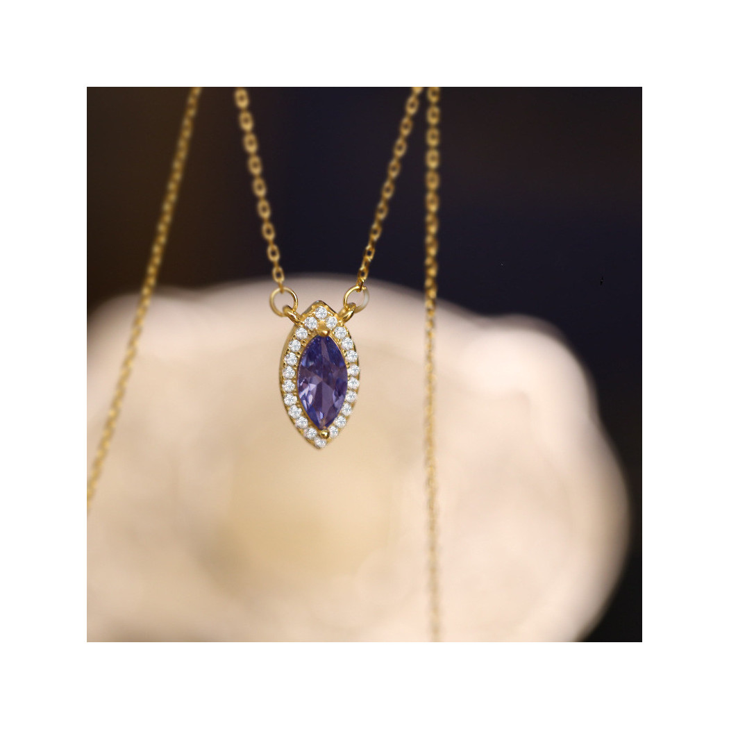 Collier en argent sterling S925 plaqué or - Pendentif solitaire ovale zircon violet