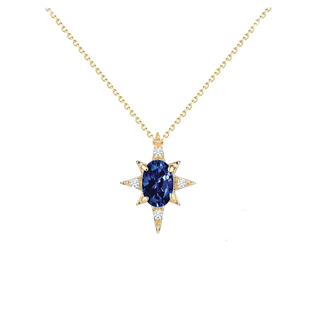 Collier Argent pendentif Étoile Mystique en zircon bleu en ovale  | Collier En Argent Sterling S925 plaqué or