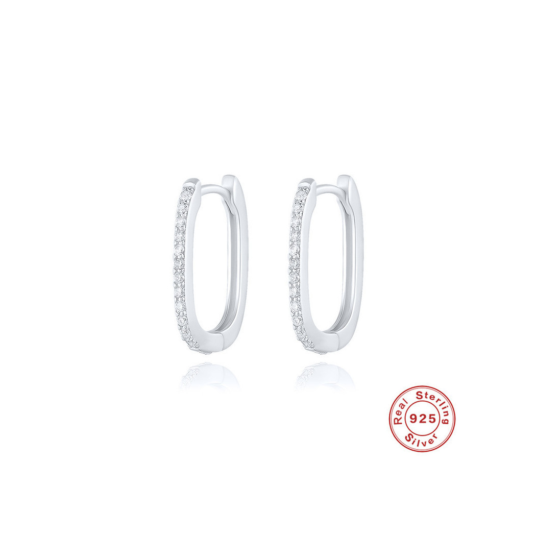 Boucles d'oreilles Argenté créoles rectangulaires serties de zircons | Boucles d'Oreilles en argent sterling S925