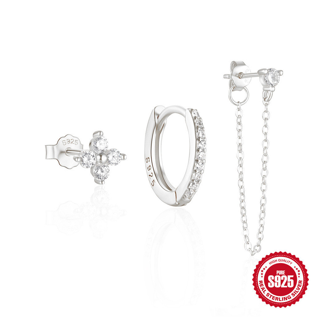 Ensemble de boucles d'oreilles Argenté Trio de styles élégants avec zircons | Boucles d'Oreilles en argent sterling S925