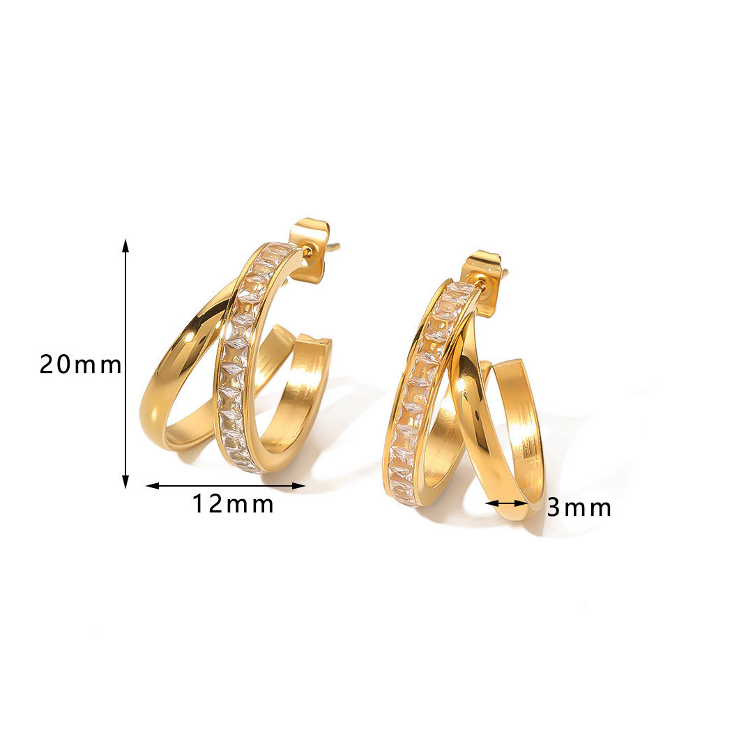 Boucles d'Oreilles Double Croisée avec Zircone Naturel Acier Inoxydable Plaqué Or 18K