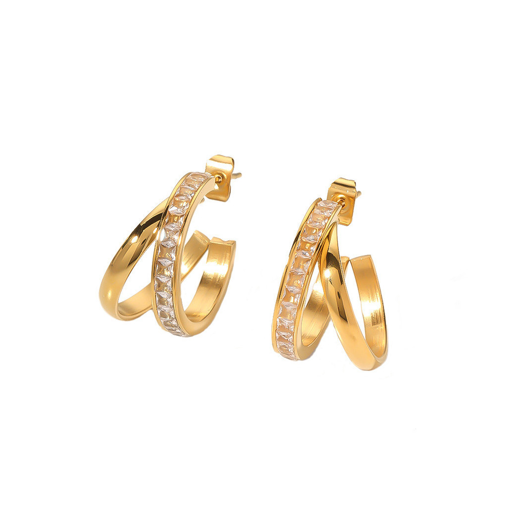 Boucles d'Oreilles Double Croisée avec Zircone Naturel - Acier Inoxydable Plaqué Or 18K