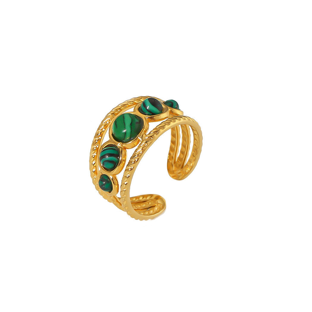 Bague ajustable avec pierre Malachite | Bague en acier inoxydable plaqué or 18k