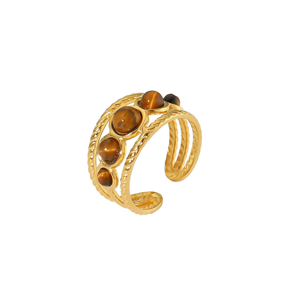 Bague ajustable Multi-Bandes  avec Oeil de Tigre | Bague en acier inoxydable plaqué or 18k