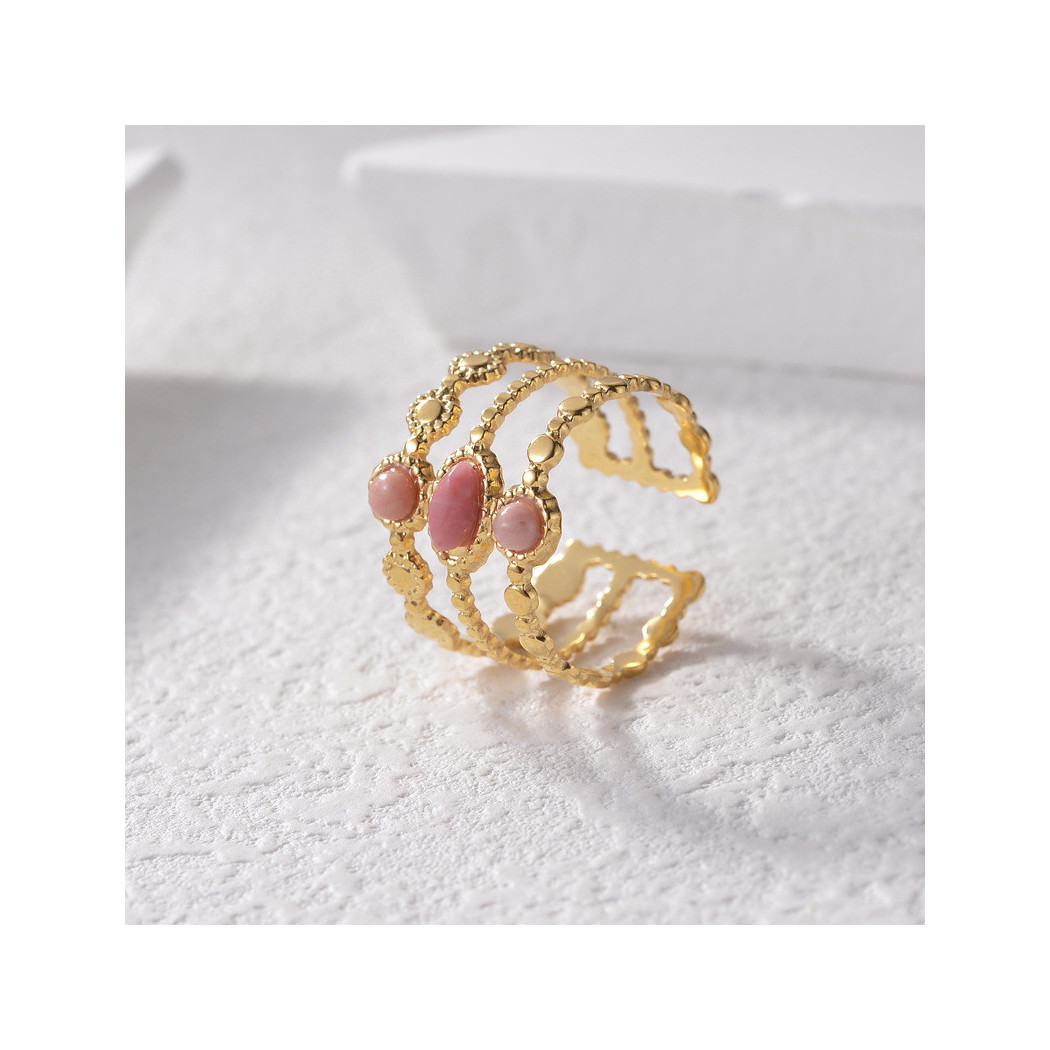 Bague ajustable avec pierres roses | Bague en acier inoxydable plaqué or 18k