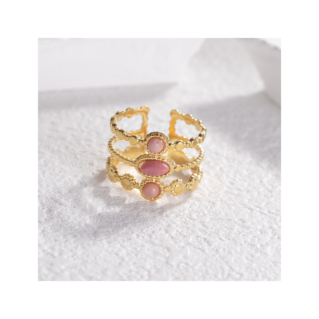 Bague ajustable avec pierres roses | Bague en acier inoxydable plaqué or 18k